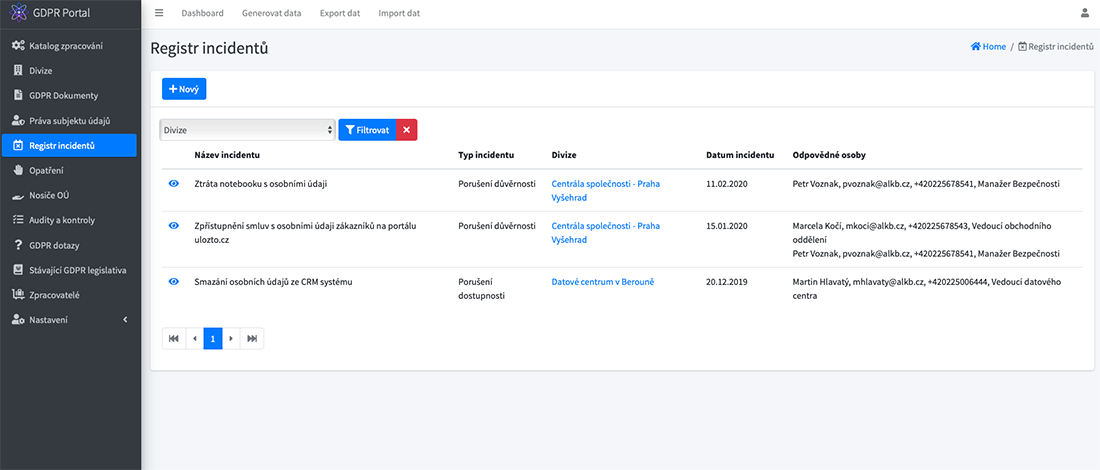 GDPR aplikace pro DPO: Evidence bezpečnostních incidentů