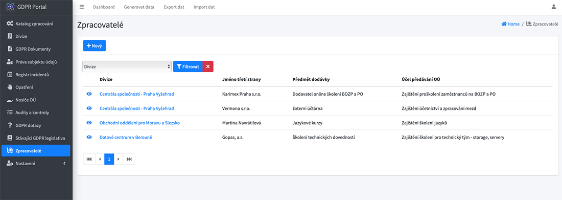 GDPR aplikace pro DPO: Evidence zpracovatelů