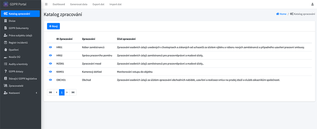 GDPR aplikace pro DPO: Katalog zpracování