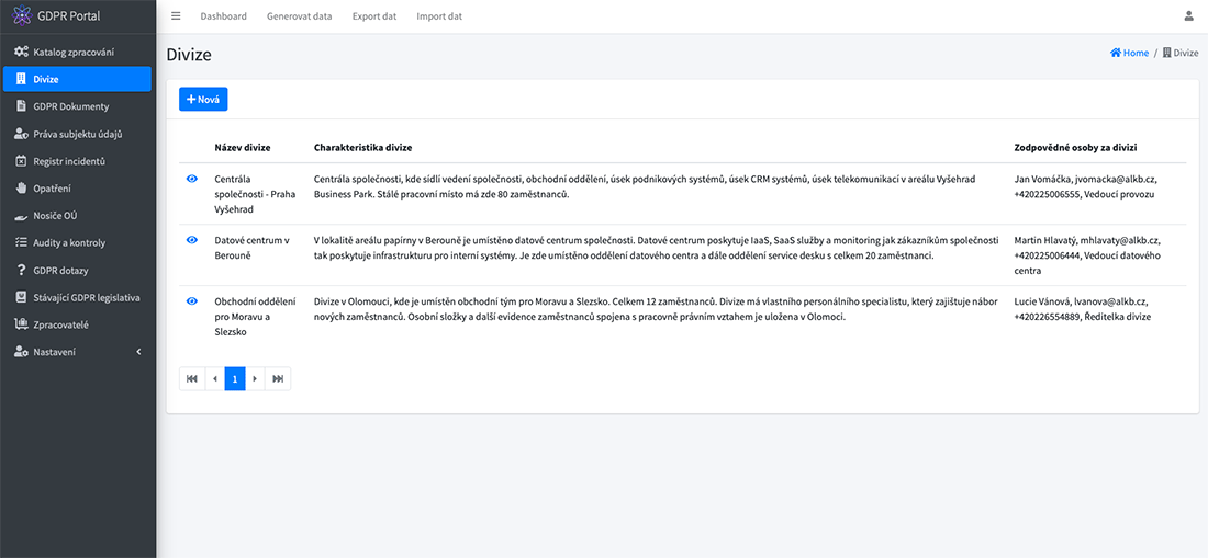 GDPR aplikace pro DPO: Divize