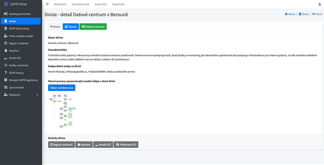 GDPR aplikace pro DPO: Divize