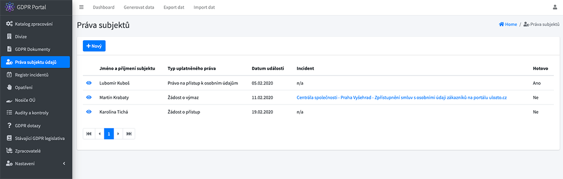 GDPR aplikace pro DPO: Evidence práv subjektů údajů